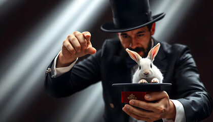 Magician making a magic trick with a rabbit in a hat isolated with white highlights, png