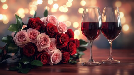 Two glasses of red wine composition, Valentine's Day card for February 14th, background with selective focus