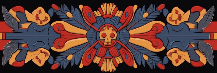 Poster - A vibrant and intricate Latin pattern featuring a central skull surrounded by stylized floral elements.  The background is a dark blue with orange and red accents.  Perfect for use as a banner, poster