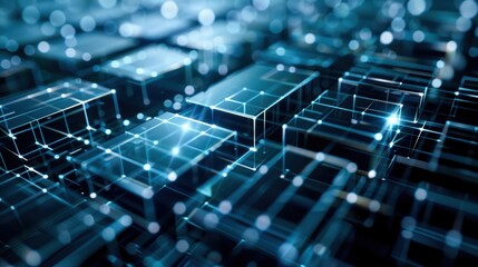 Abstract digital landscape with glowing cubes, representing modern technology and innovation in a futuristic environment.