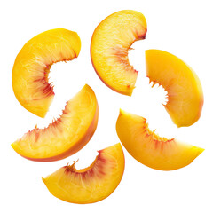 Sticker - Fresh peach slices flying floating and overlapping slightly isolated on a white or transparent background