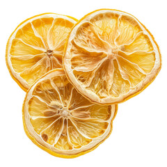 Poster - Dried lemon slices, perfectly round, floating and overlapping slightly isolated on a white or transparent background