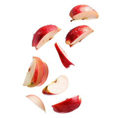 Sticker - Close up natural fresh apple slices falling in air isolated on white or transparent background