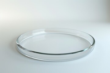 A clear plate sits on top of a white table, suitable for food photography or as a minimalist design element