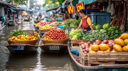 Poster - Boats filled with fresh produce and goods float along the canals at Damnoen Saduak Floating Market, Thailand.