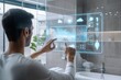 © MobiWall - A person using a smart mirror in a modern bathroom, where the mirror displays weather updates, calendar events, and virtual try-ons for outfits. The person interacts with the virtual assistant