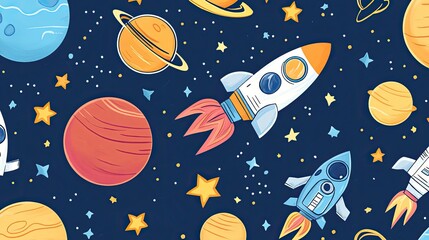 Cartoon-style seamless vector pattern of space objects, including rockets, planets, stars, and astronauts,