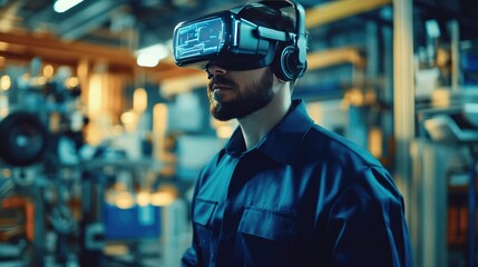 Poster - Engineer exploring virtual reality within a futuristic manufacturing setting, blending digital and physical worlds