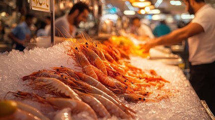 Canvas Print - Fresh fish and seafood, including shrimps, neatly arranged on ice at a bustling fish market in Abu Dhabi