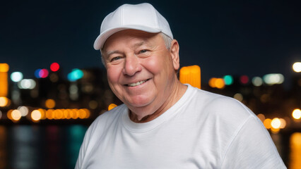 Wall Mural - Plus size senior man wearing white t-shirt and white baseball cap standing on cityscape at night background