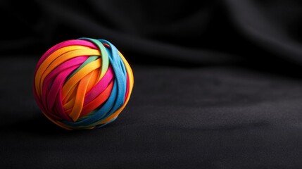 Poster - A vibrant rubber band ball, a symbol of creativity, energy, and interconnectedness, is nestled on a black surface, highlighting the contrast between color and darkness.