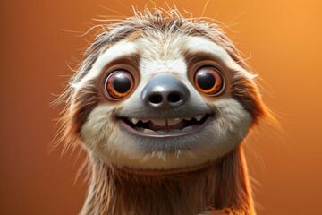 Wall Mural - Adorable Smiling Sloth with Bright Eyes and Messy Fur on Orange Background