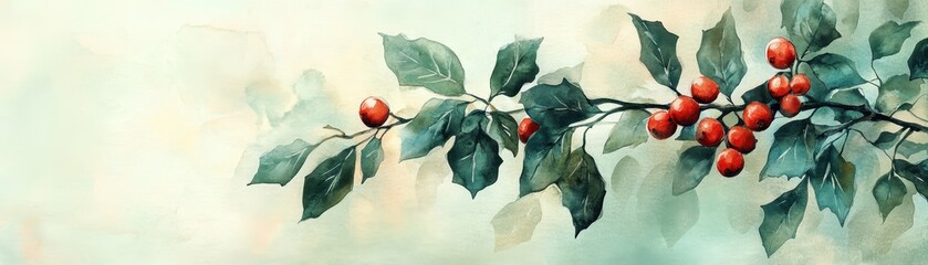 Poster - Watercolor mistletoe with subtle shading on soft green background, festive and delicate
