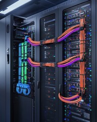 Poster - Modern data center server rack with colorful network cabling and illuminated hardware components for robust IT infrastructure and connectivity.