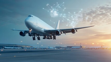 Poster - A wide-angle shot of a large cargo plane taxiing on a runway, symbolizing global connectivity, trade, logistics, air travel, and transportation.