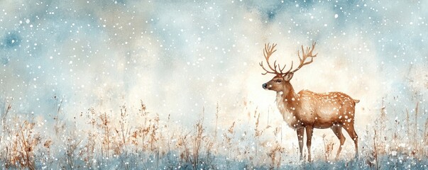 Poster - Watercolor reindeer in soft brown tones on snowy blue background, gentle and festive design