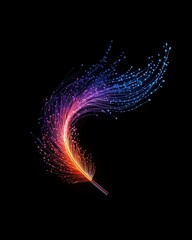 Poster - Vibrant neon abstract light trails resembling a feather on a black background, showcasing a spectrum of glowing colors.