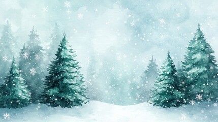 Poster - Watercolor Christmas trees with soft green hues and snowflakes on light blue background, gentle brushstrokes