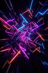 Poster - Bright neon light trails forming dynamic patterns on a dark background, creating an electrifying and futuristic visual effect.