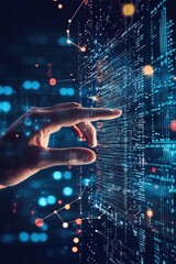 Aufkleber - Close-up of a human hand interacting with futuristic virtual digital data interface, representing technology and innovation.