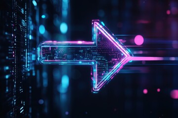 Aufkleber - Futuristic glowing arrow in neon colors pointing right, depicting digital direction and advanced technology within a cyber-inspired design.