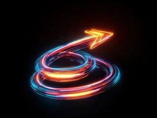 Poster - Futuristic neon arrow in vibrant glowing colors, swirling dynamically against a dark background, symbolizing direction and movement.