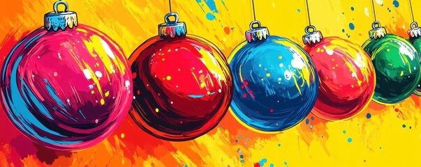 Poster - Christmas ornaments in bright neon hues with bold outlines on vibrant yellow background, energetic pop art feel