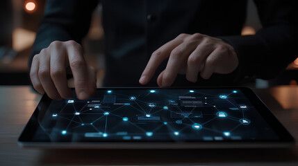 Startup concept with icon business and network connection on modern virtual interface from digital tablet.man touching on tablet