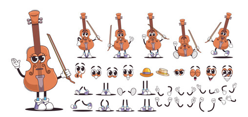 Wall Mural - Cartoon Animated Violin with Bow. Musical Instrument Character with Different Emotions And Gestures, Complete With Props