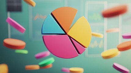 Poster - 3D pie chart segments floating in mid-air, bright background, business concept -