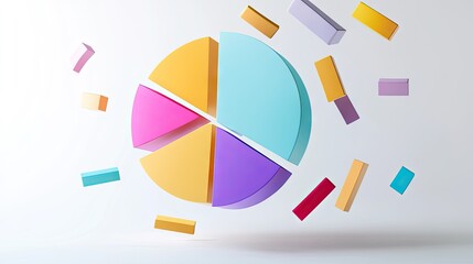 Poster - 3D pie chart with vibrant segments floating in mid-air, set against a white minimalist background -