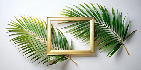 A delicate, ornate golden frame surrounds a lush, vibrant palm frond, set against a soft, creamy white background, evoking tropical elegance and serenity.