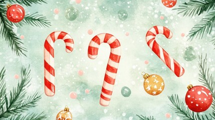 Poster - Delicate watercolor candy canes and ornaments on light green background, gentle brushstrokes, festive feel