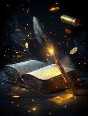 Poster - An ornate quill pen with a glowing tip hovers over an open ancient book, symbolizing knowledge, magic, and the power of words.  The book rests on a dark, textured surface surrounded by glowing particl