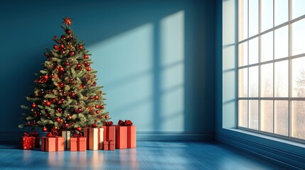 Poster - Business meeting room with Christmas tree and presents in the corner on blue background, festive corporate feel