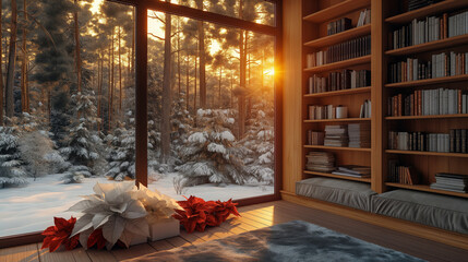 Wall Mural - Christmas bookshelf background of interior home library study virtual room window of forest trees. Fall winter snow. poinsettia holiday flowers. Online webinar presentation teams meeting backdrop