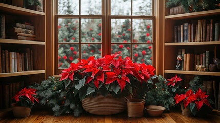 Wall Mural - Christmas bookshelf background of interior home library study virtual room window of forest trees. Fall winter outside. poinsettia holiday flowers. Online webinar presentation teams meeting backdrop