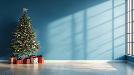 Poster - Business meeting room with Christmas tree and presents in the corner on blue background, festive corporate feel