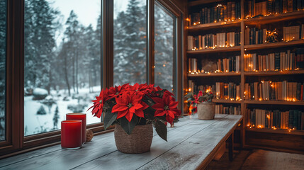 Wall Mural - Christmas bookshelf background of interior home library study virtual room window of forest trees. Fall winter snow. poinsettia holiday flowers. Online webinar presentation teams meeting backdrop