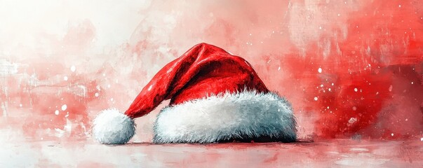 Poster - Pop art Santa hat with oversized fluffy trim on vibrant red background, playful comic feel 