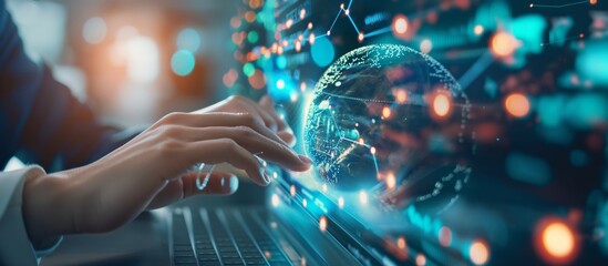 Leinwandbilder - Hands are depicted using a futuristic digital interface displaying global data, symbolizing advanced technology and innovation. This illustration reflects modern tech progress and connectivity