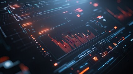 Poster - A close-up of a business graph with fluctuating data lines and numerical values, displayed on a sleek digital dashboard interface.