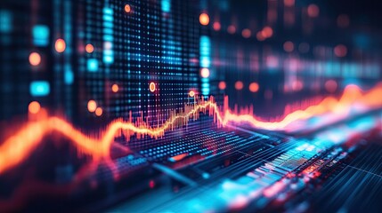 Poster - A close-up of a business graph with fluctuating data lines and numerical values, displayed on a sleek digital dashboard interface.