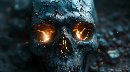 A dark, minimalist composition featuring a skull with glowing eyes, set against a deep black background, with subtle cracks and shadows adding to the haunting atmosphere. 