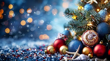 A coastal-themed Christmas tree adorned with seashells and blue baubles, softly glowing in a beachside living room. The background features blurred ocean-colored lights,