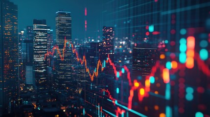 Poster - A close-up of a financial graph with fluctuating lines, overlaid on a cityscape at night, symbolizing market volatility.
