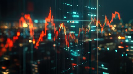 Poster - A close-up of a financial graph with fluctuating lines, overlaid on a cityscape at night, symbolizing market volatility.