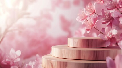 Poster - Wooden product display stand with pink flowers.