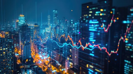 Poster - A close-up of a financial graph with fluctuating lines, overlaid on a cityscape at night, symbolizing market volatility.