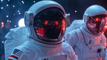 Two astronauts in white spacesuits, wearing helmets with red lights reflecting in the visor, at a space-themed costume party.  The party is decorated with twinkling lights and a blurred moon in the ba